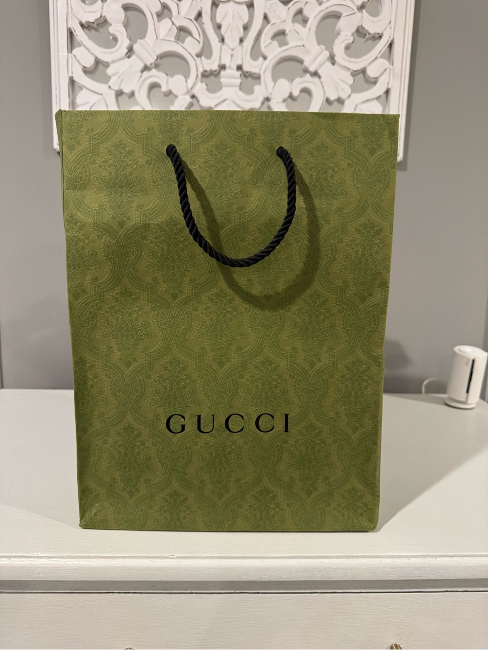 Gucci Olive Green Patterned Tote Bag with Black Rope Handles